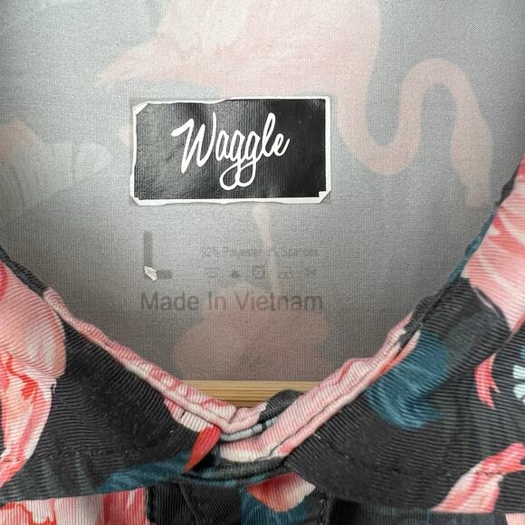 Waggle Golf Polo Shirt Men's Large Navy Jungle Pink‎ Flamingo Hawaiian Blossom - Picture 2 of 7
